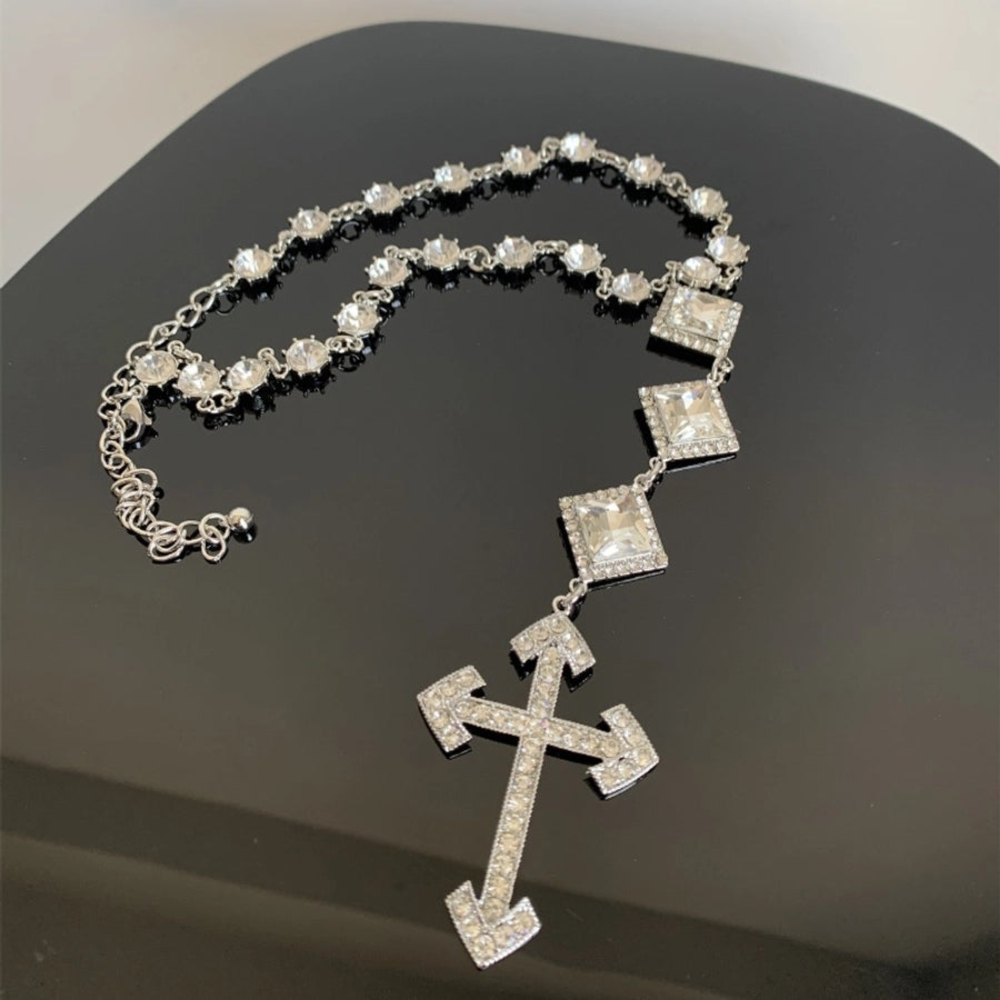 Hip-Hop Exaggerated Punk Cross Tassel Silver Plated Rhinestones Alloy Rhinestone Copper  Necklace