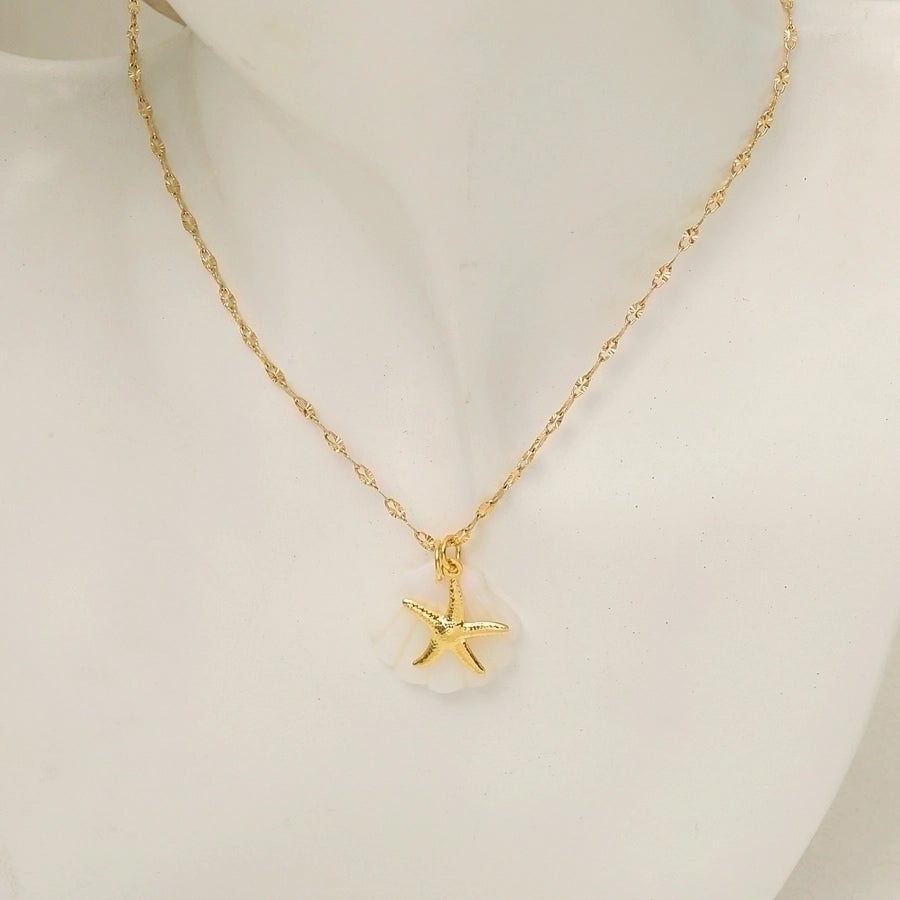 Vacation Marine Style Beach Starfish Dolphin Shell 18K Gold Plated Shell Titanium Steel Pendant Necklace