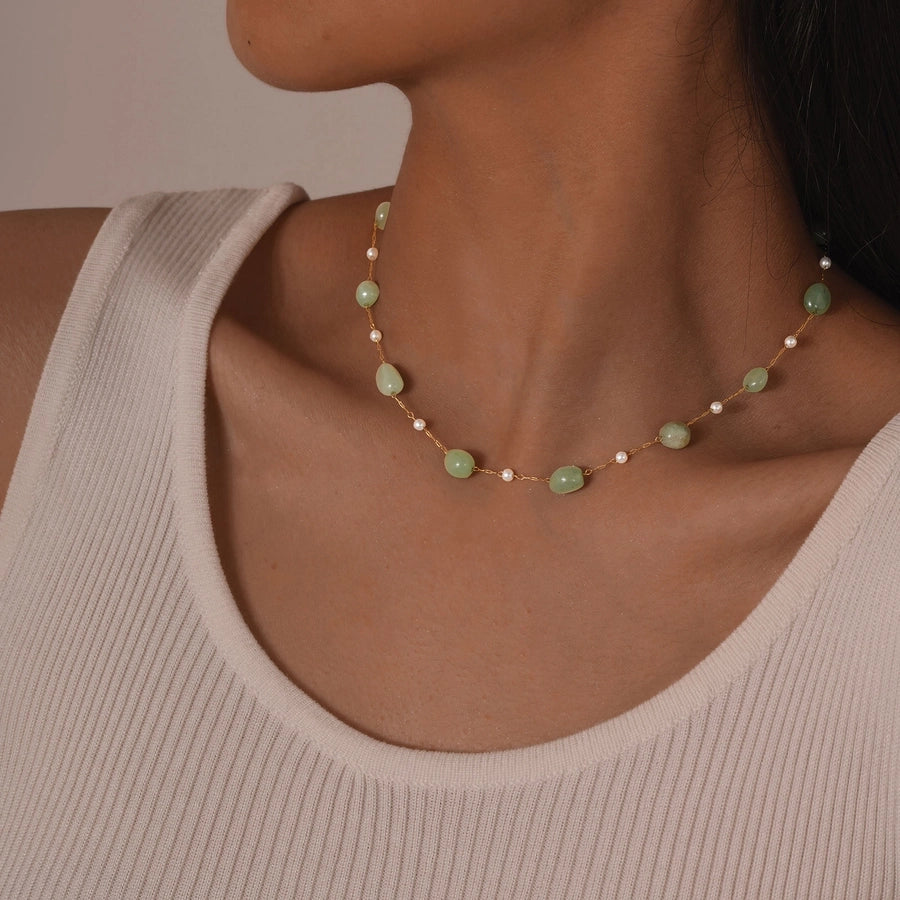 Stainless Steel Plated 18K Gold Chain Imitation Amber Stone Imitation Jade Imitation Pearl Chain Jewelry Suit Necklace