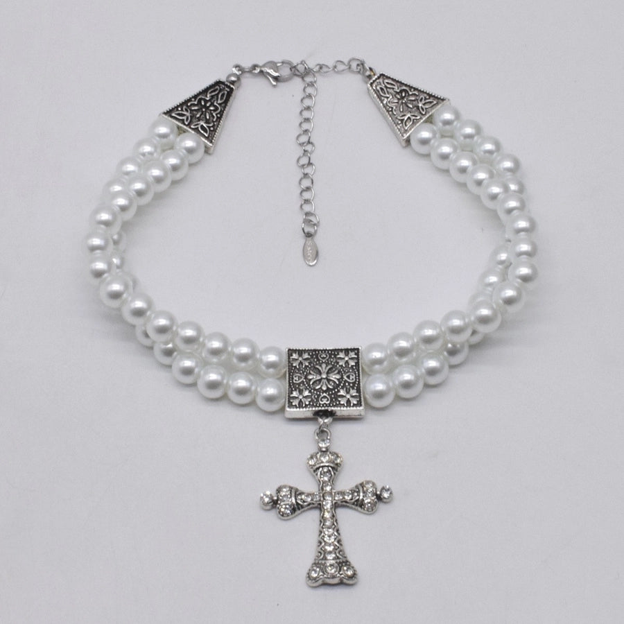 Vintage Pearl Double Layer Cross Necklace Female  Fashion Clavicle Chain Light Luxury Trend Niche Design