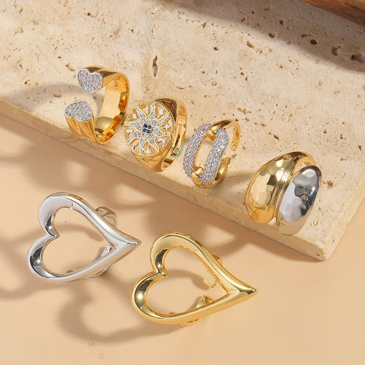 Copper 14K Gold Plated Hollow Out Inlay Heart Shape Zircon Open Rings