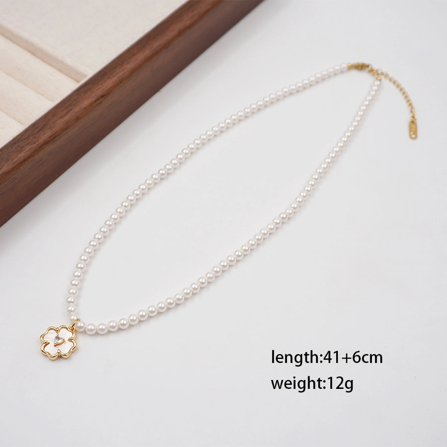 Vintage Style Simple Style Flower Imitation Pearl Copper Inlay Shell Zircon Gold Plated Women's Pendant Necklace