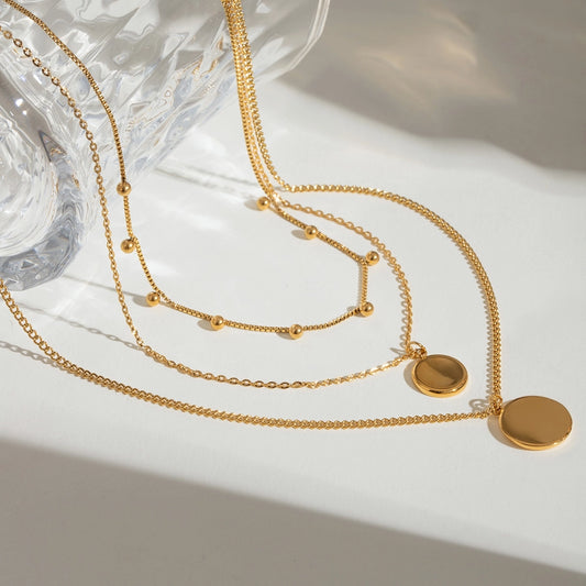 18K Gold Stainless Steel Ball round Steel Pendant Three-Layer Necklace 40/45/50 5cm