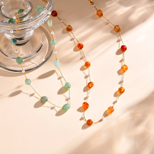 Stainless Steel Plated 18K Gold Chain Imitation Amber Stone Imitation Jade Imitation Pearl Chain Jewelry Suit Necklace