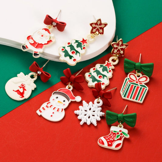 1 pair cute christmas streetwear christmas tree santa claus christmas socks enamel inlay alloy rhinestones drop earrings