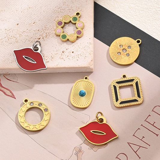 1 Piece 13.5x18mm 16x10mm 17x15mm Hole 1~1.9mm Hole 3~3.9mm 304 Stainless Steel Glass 18K Gold Plated Lips Round Polished Jewelry Accessories Pendant