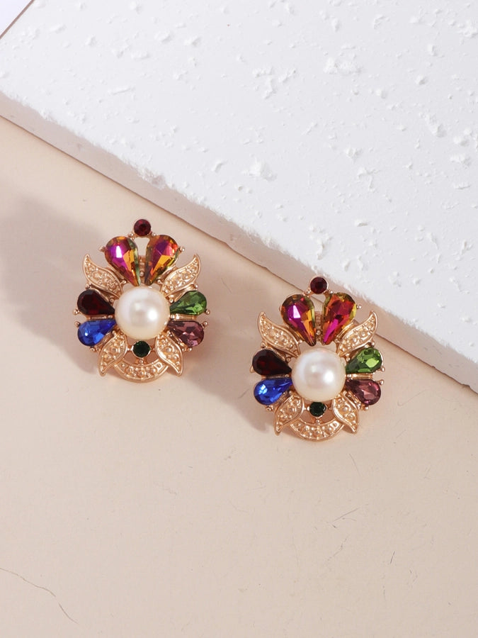 1 pair glam lady shiny flower plating inlay imitation pearl alloy gem rhinestones pearl 18k gold plated ear studs