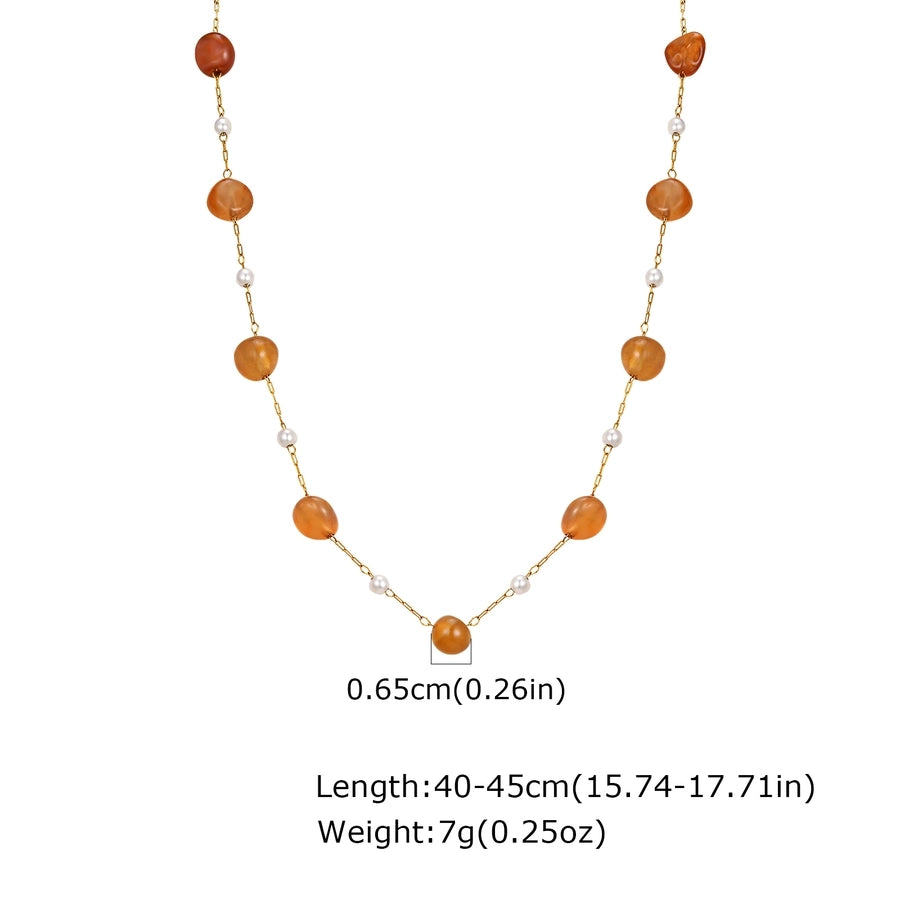 Stainless Steel Plated 18K Gold Chain Imitation Amber Stone Imitation Jade Imitation Pearl Chain Jewelry Suit Necklace