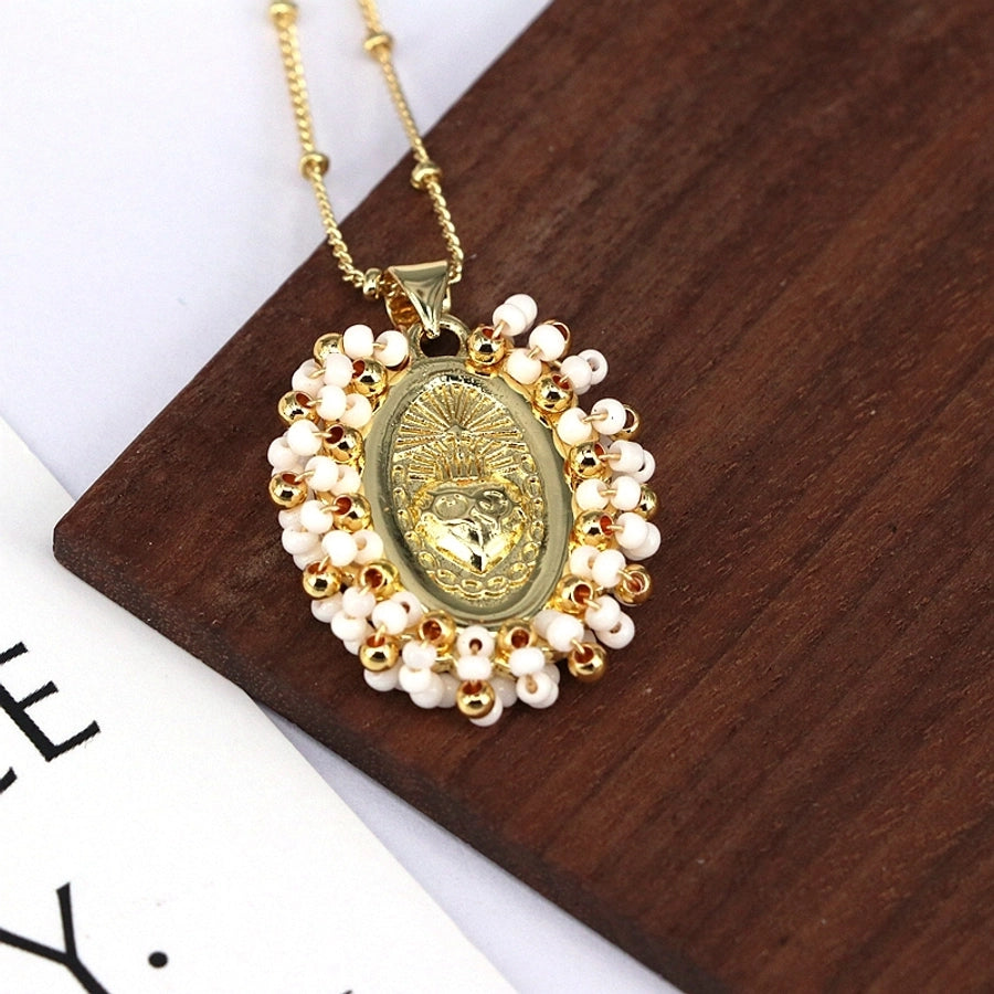 Copper Inlay Geometric Seed Bead Pendant Necklace
