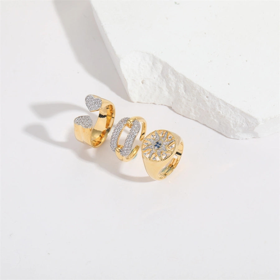 Copper 14K Gold Plated Hollow Out Inlay Heart Shape Zircon Open Rings