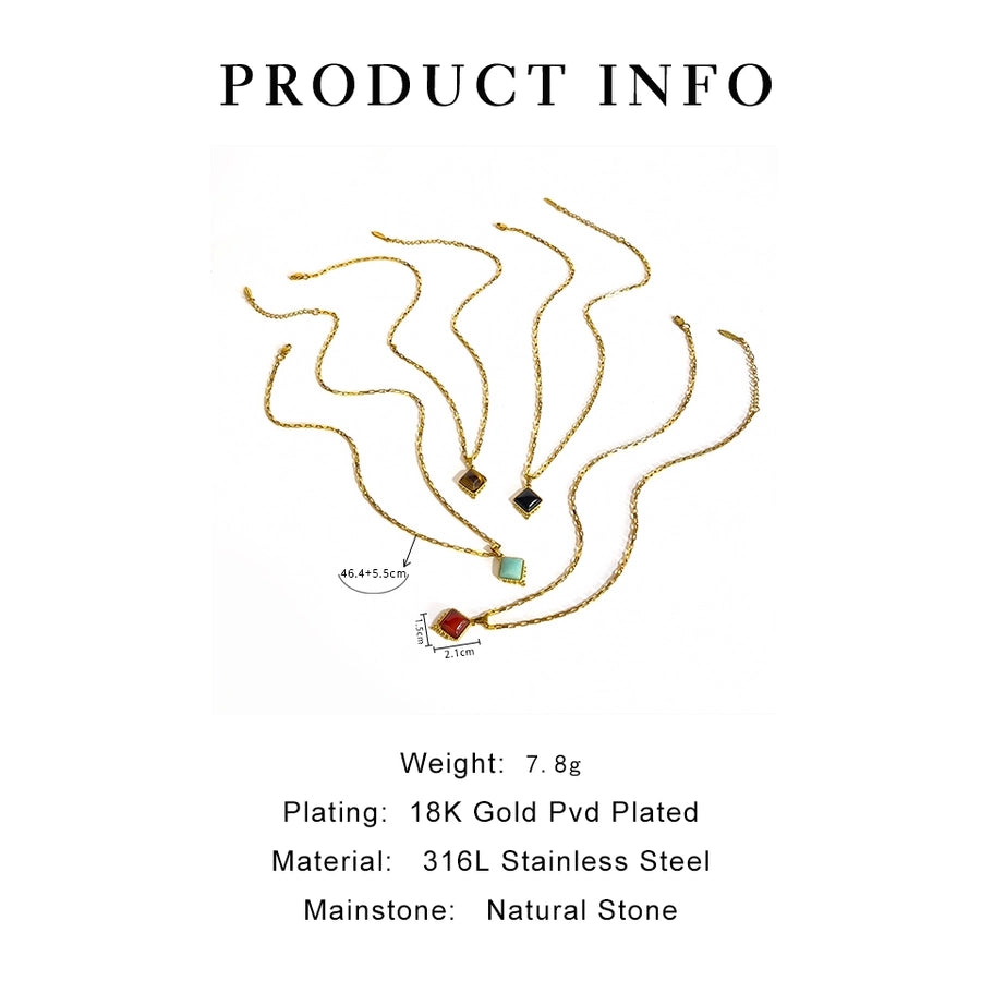 Jewelry Retro Classic Style Rhombus 316L Stainless Steel Natural Stone 18K Gold Plated Irregular Inlay Pendant Necklace