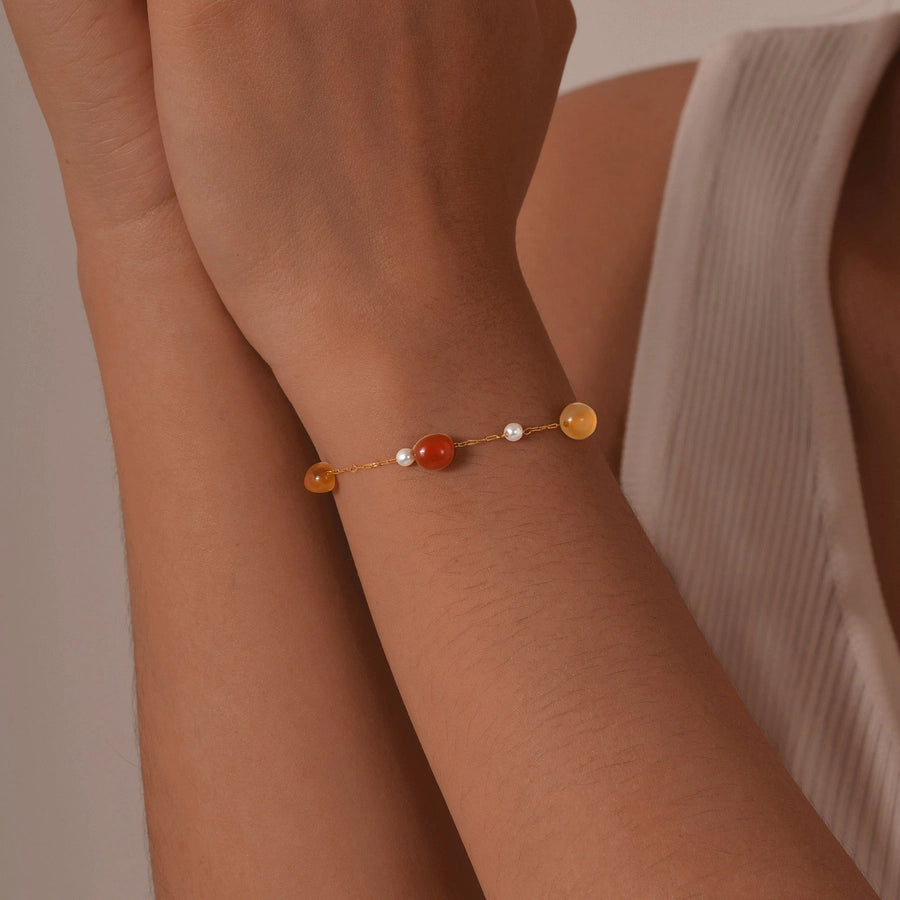 Stainless Steel Plated 18K Gold Chain Imitation Amber Stone Imitation Jade Imitation Pearl Chain Jewelry Suit Necklace