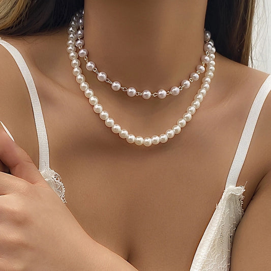 cute sweet geometric solid color imitation pearl plating chain women's necklace