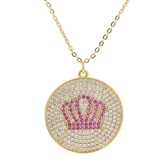 hip-hop crown 18k gold round diamond zircon pendant clavicle chain