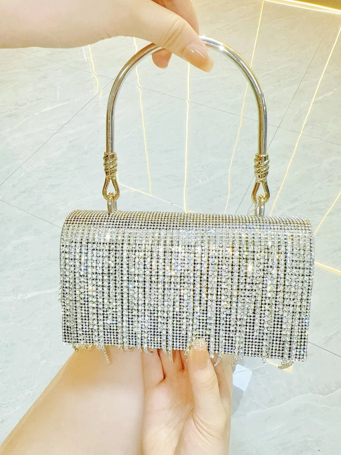 New Retro Banquet Evening Dress Handbag Handbag Full Diamond Shiny Tassel Shoulder Crossbody Evening Bag