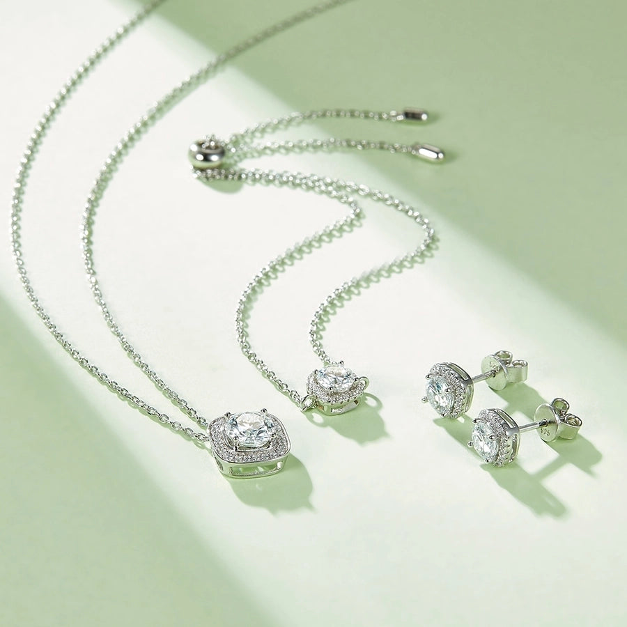 Elegant Princess Sweet Geometric Sterling Silver Inlay Zircon Rhodium Plated Women's Bracelets Earrings Necklace