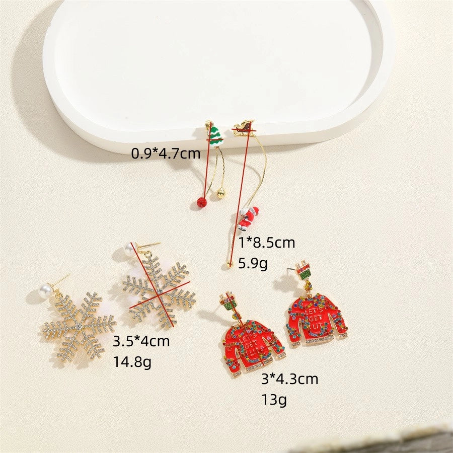1 pair cute sweet santa claus snowflake enamel plating inlay alloy rhinestones gold drop earrings