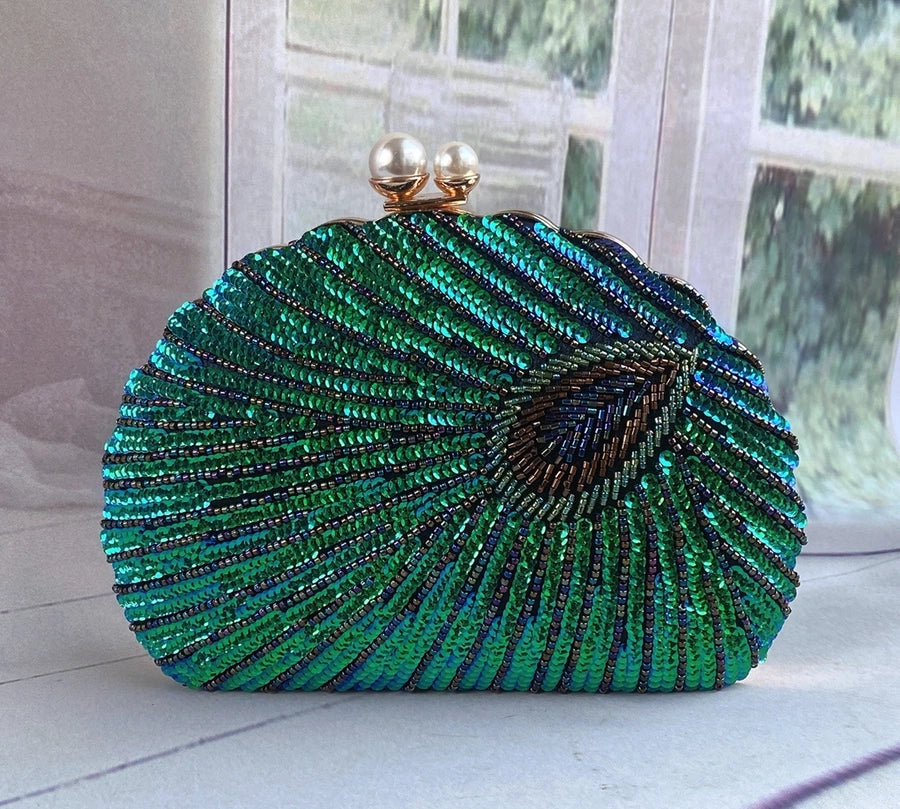 blue black gold metal feather beading sequins shell evening bags