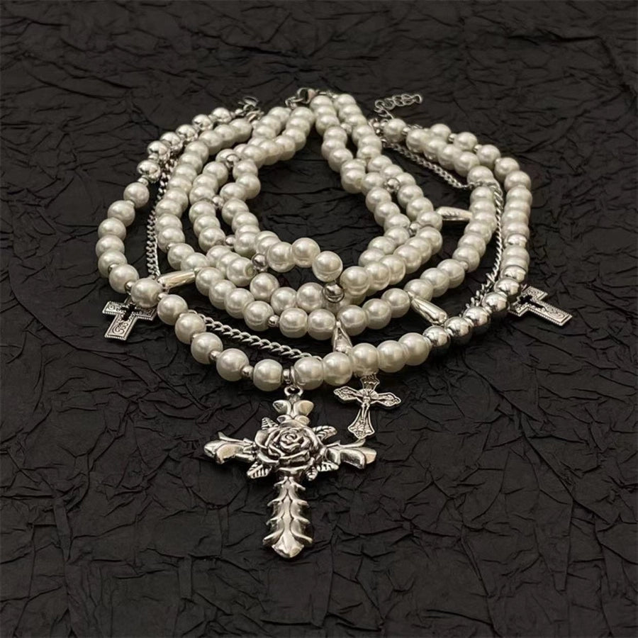 Pearl multi-layer stacked flower cross necklace light luxury niche high-grade clavicle chain personality trendy cool necklace for women