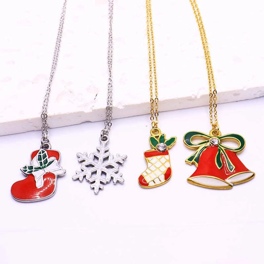 Cute Simple Style Christmas Socks Bell Snowflake 18K Gold Plated Silver Plated Zircon 304 Stainless Steel  Pendant Necklace
