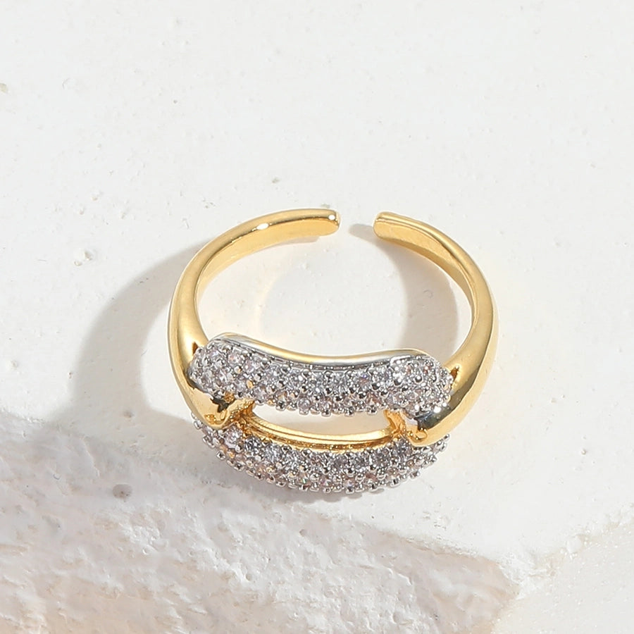 Copper 14K Gold Plated Hollow Out Inlay Heart Shape Zircon Open Rings