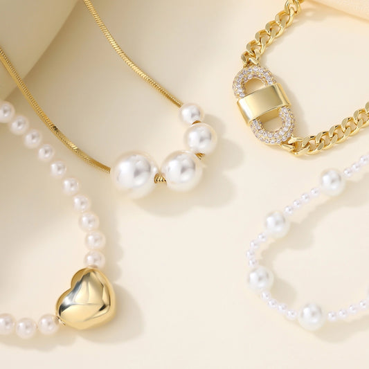 Copper 18K Gold Plated Asymmetrical Hollow Out Round Heart Shape Artificial Pearls Necklace