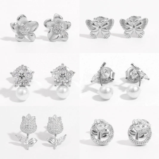 1 Pair White Gold Plated Sterling Silver Zircon Flower Butterfly Ear Studs