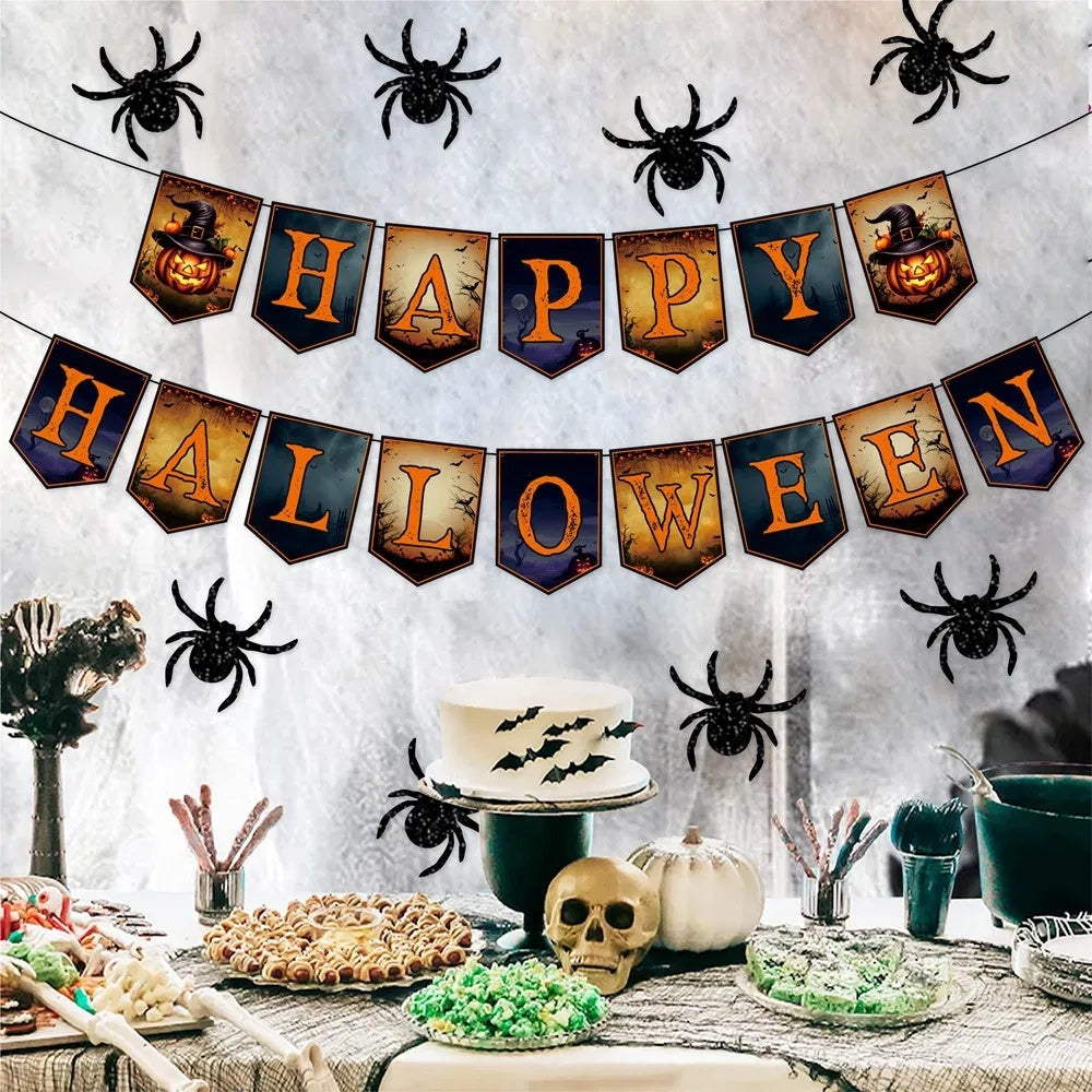 (3-5days Delivery) Happy Halloween Banner And Hanging Spider Garland Trick Or Treat Banner Sign Happy Halloween Paper Banner For Halloween Party Decorations