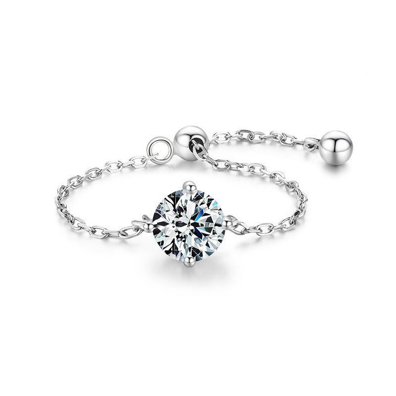 S925 Silver Light Luxury Inlaid Simulation Diamond Zircon Ring Female Opening European And American Ins Tide Silver Jewelry Adjustable Chain Ring