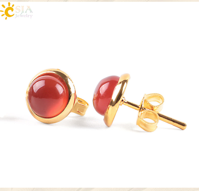 fashion round natural stone rhinestones ear studs 1 pair