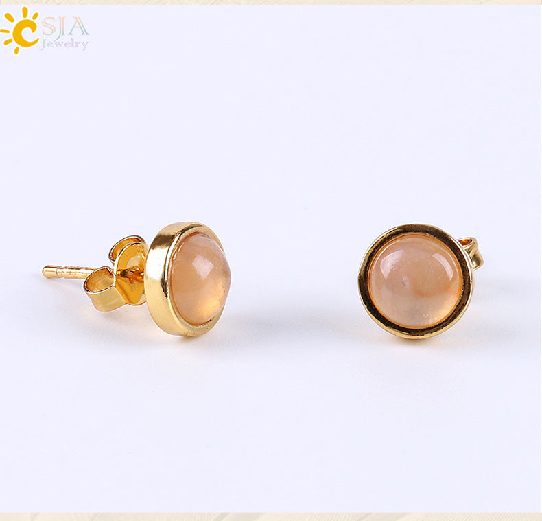 fashion round natural stone rhinestones ear studs 1 pair