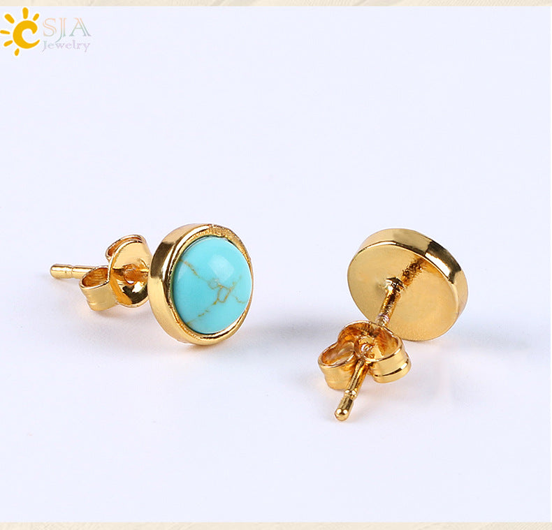 fashion round natural stone rhinestones ear studs 1 pair