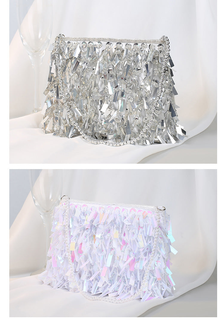 white black silver polyester solid color beading tassel square evening bags