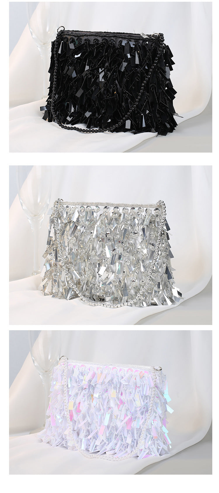 white black silver polyester solid color beading tassel square evening bags