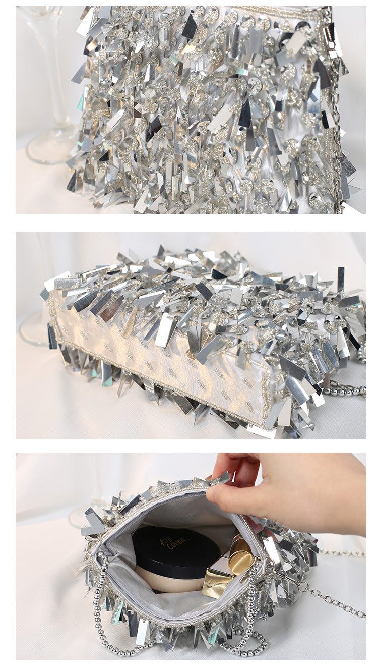 white black silver polyester solid color beading tassel square evening bags