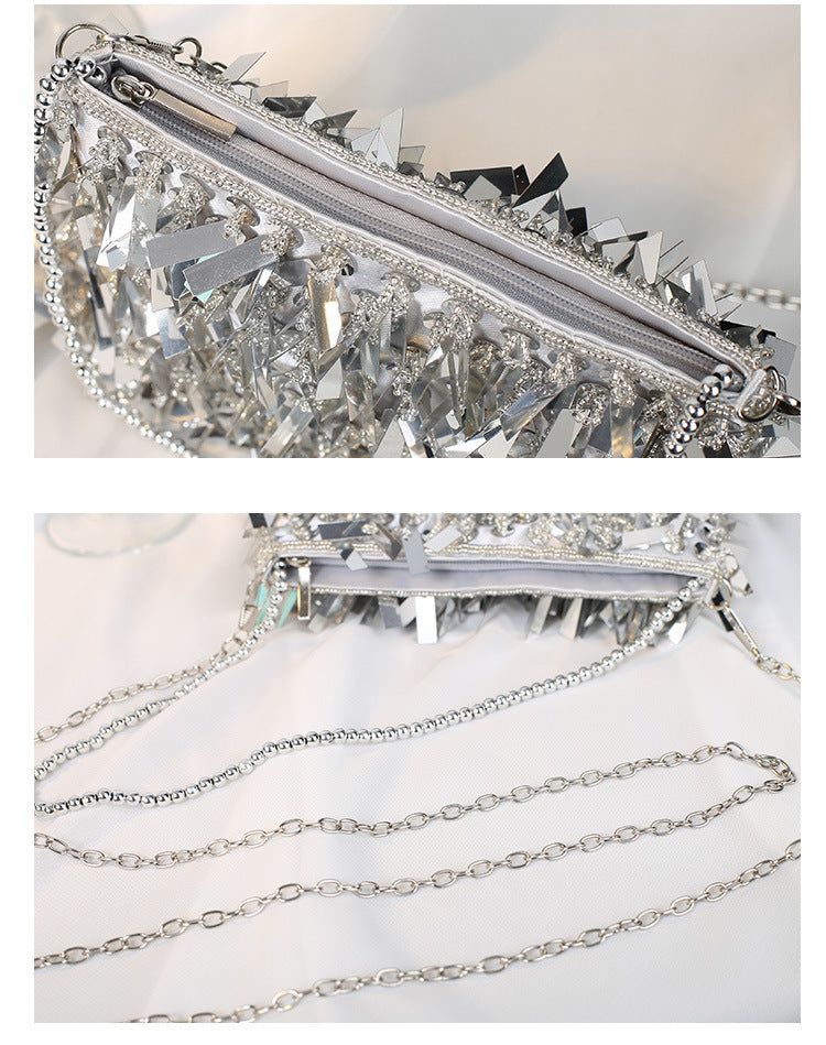 white black silver polyester solid color beading tassel square evening bags