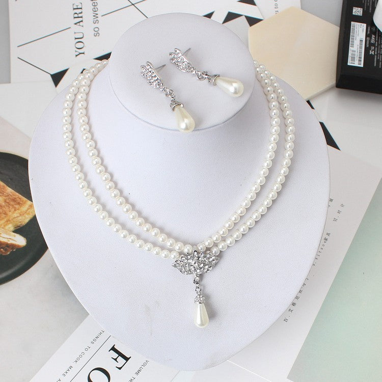 American Jewelry, Bride Pearl Crystal With Short Collarbone Neck Necklace Set, Earrings Korean Version Temperament