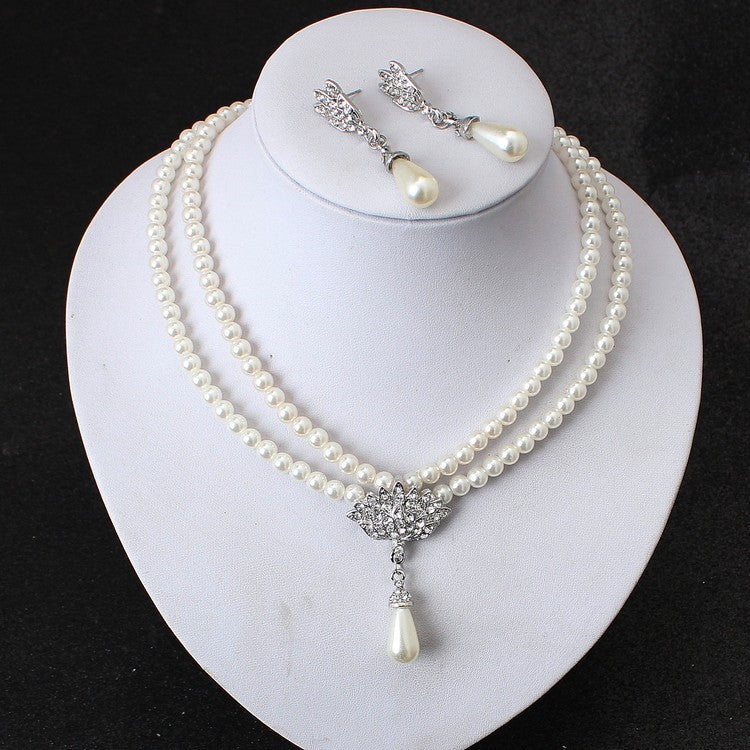 American Jewelry, Bride Pearl Crystal With Short Collarbone Neck Necklace Set, Earrings Korean Version Temperament