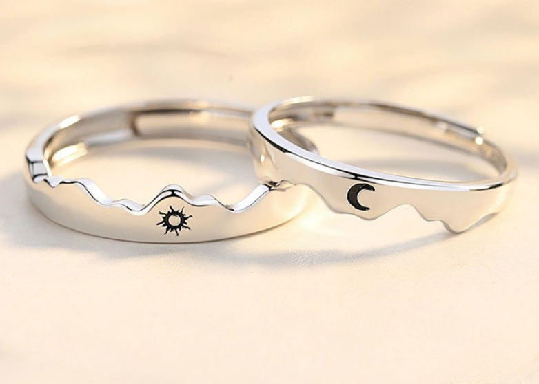 Sterling Silver Pair Sun Moon Mountain Sea Couple Ring Men's and Women's Sterling Silver Pair