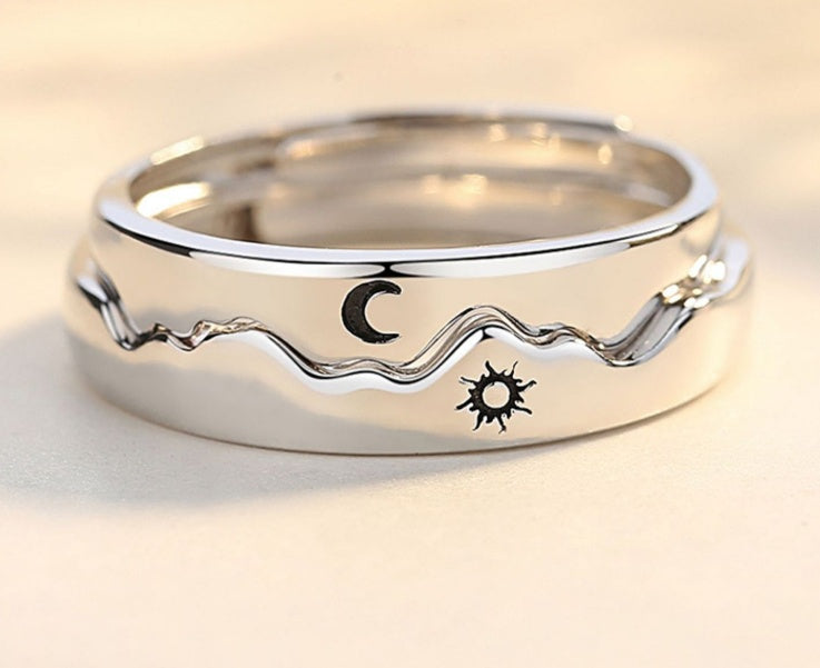 Sterling Silver Pair Sun Moon Mountain Sea Couple Ring Men's and Women's Sterling Silver Pair