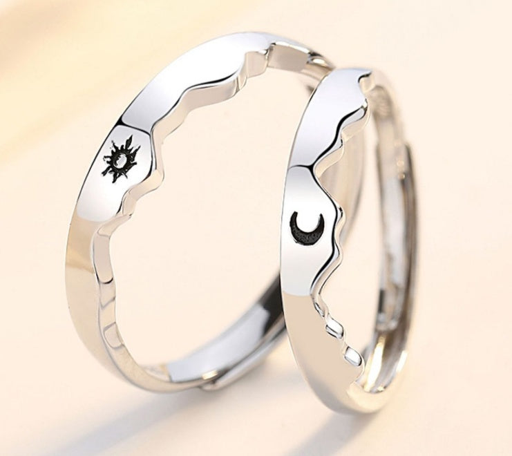 Sterling Silver Pair Sun Moon Mountain Sea Couple Ring Men's and Women's Sterling Silver Pair