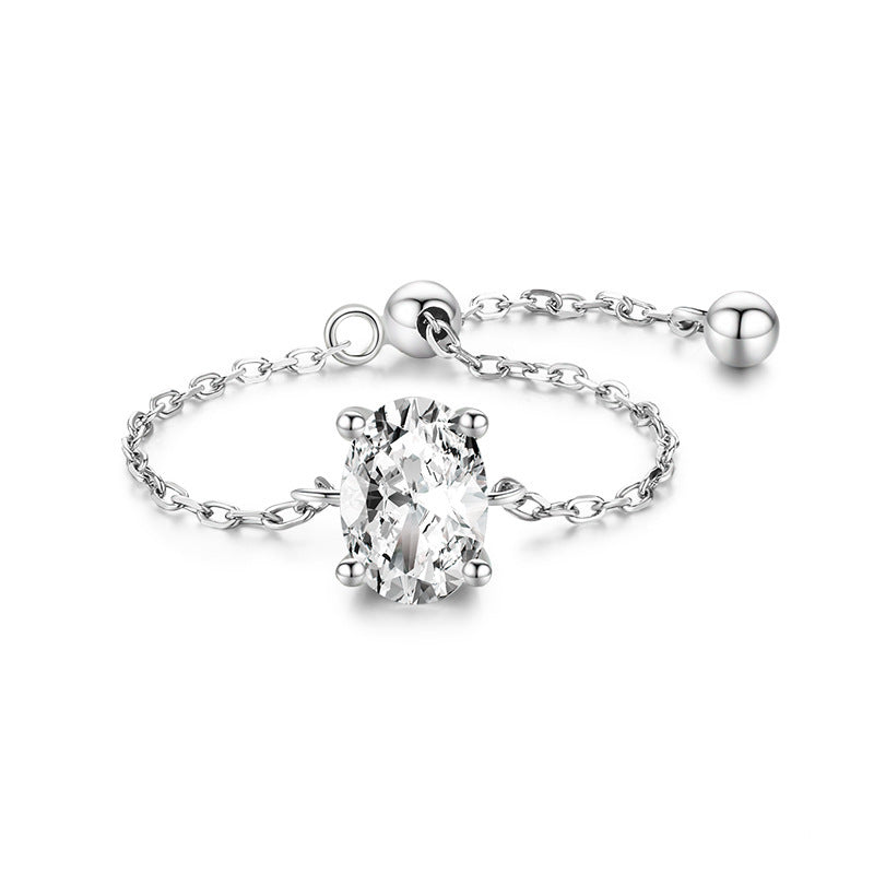 S925 Silver Light Luxury Inlaid Simulation Diamond Zircon Ring Female Opening European And American Ins Tide Silver Jewelry Adjustable Chain Ring