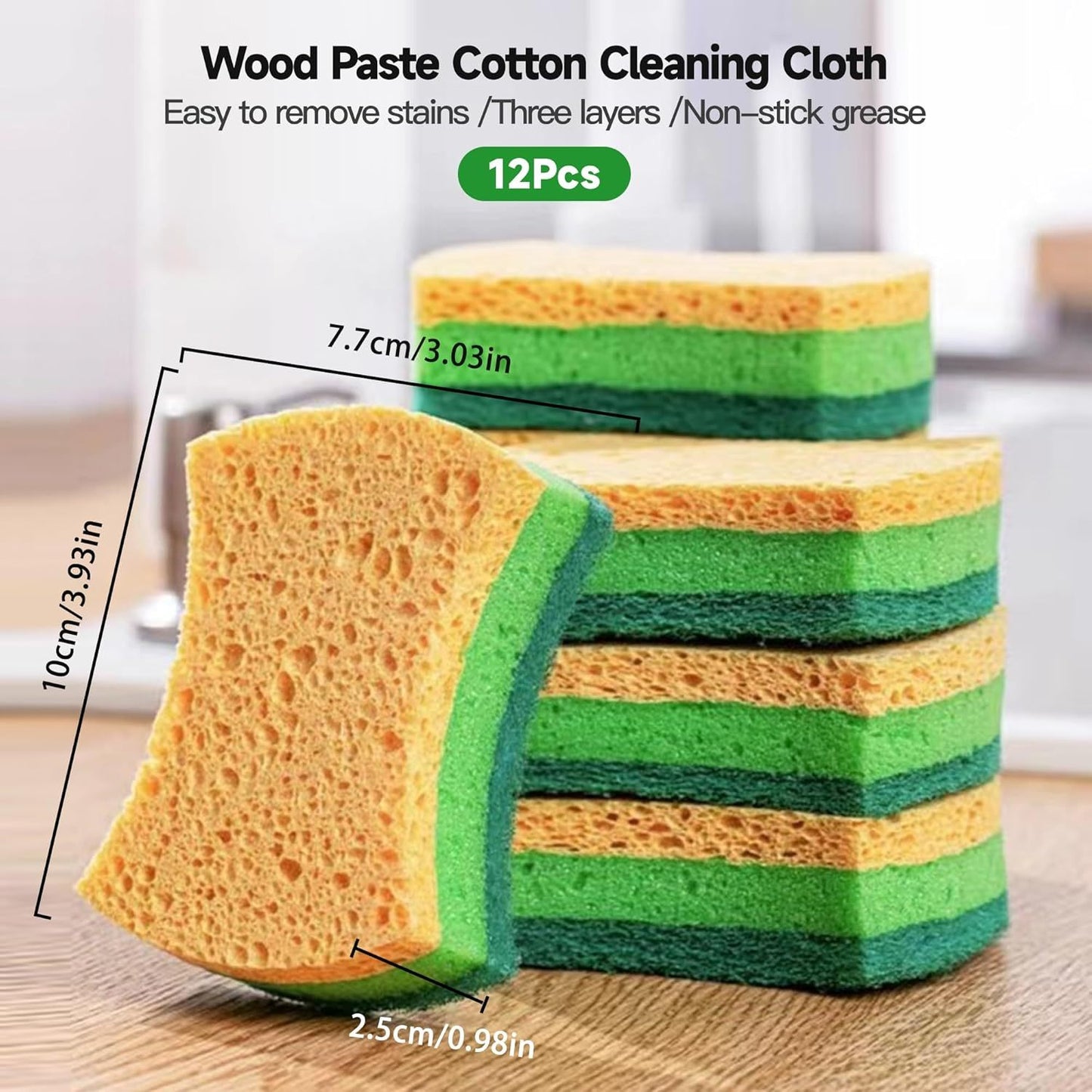 12 Pack Zero Scratch Scrub Sponges, 4 pc Pack, Wood Pulp, Cotton Layer, Non-Scratch Kitchen Sponges For Dishes And Cleaning