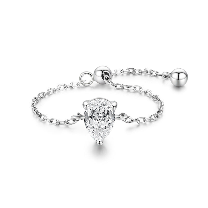 S925 Silver Light Luxury Inlaid Simulation Diamond Zircon Ring Female Opening European And American Ins Tide Silver Jewelry Adjustable Chain Ring