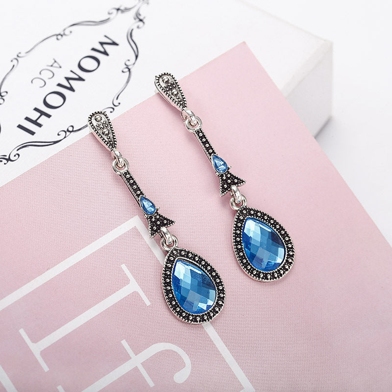 retro style alloy inlaid blue zircon long earrings  jewelry
