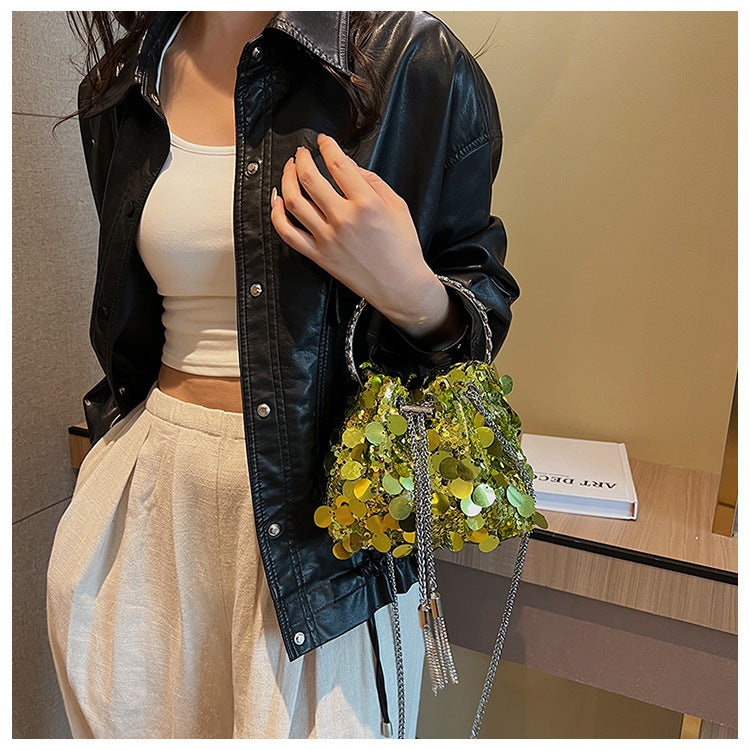 black yellow silver sequin solid color bucket evening bags