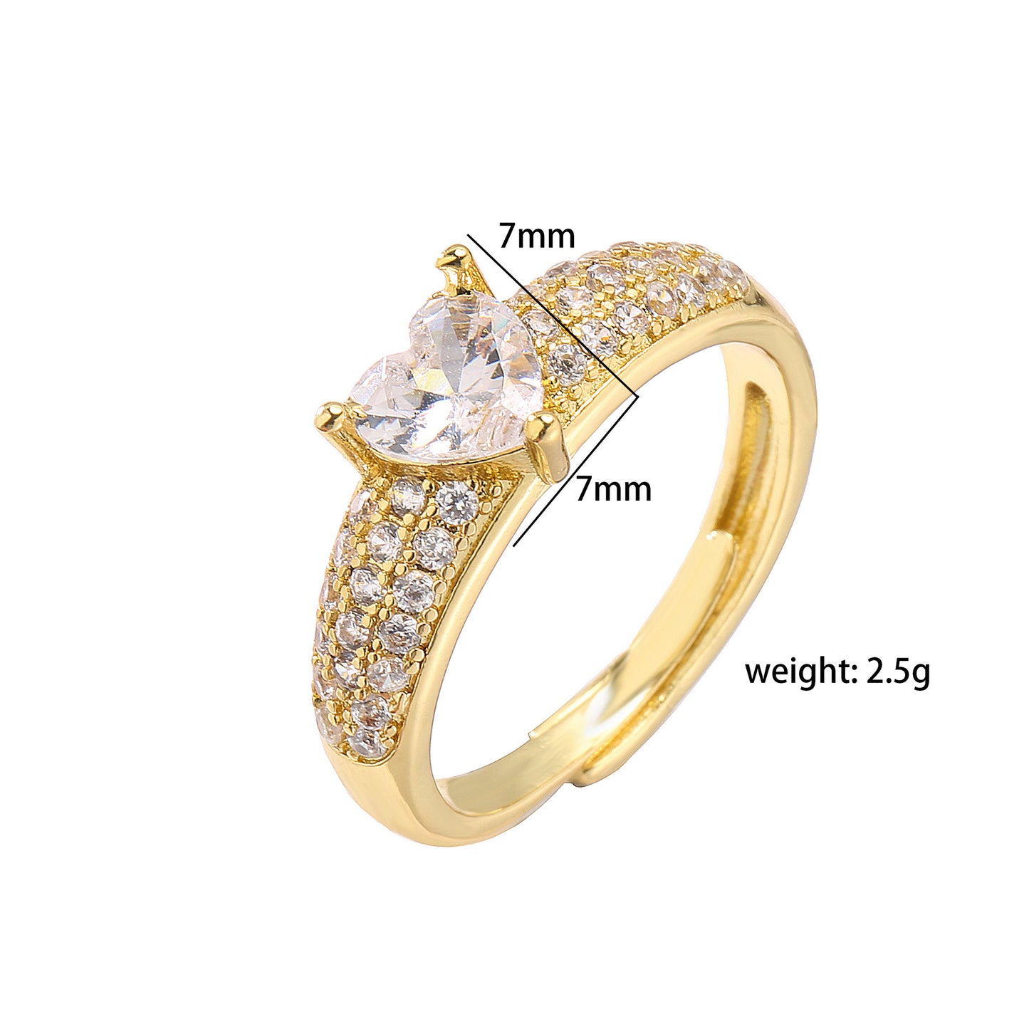 sweet heart shape copper plating inlay zircon open ring 1 piece