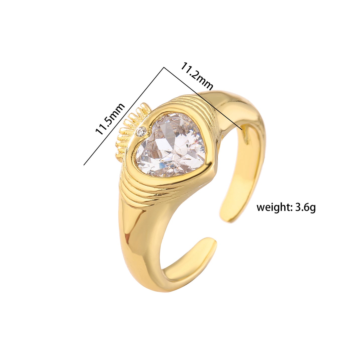 sweet heart shape copper plating inlay zircon open ring 1 piece