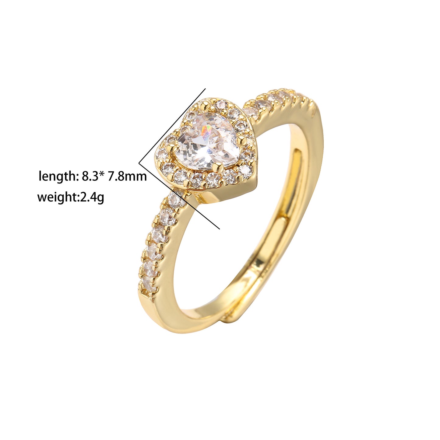 sweet heart shape copper plating inlay zircon open ring 1 piece