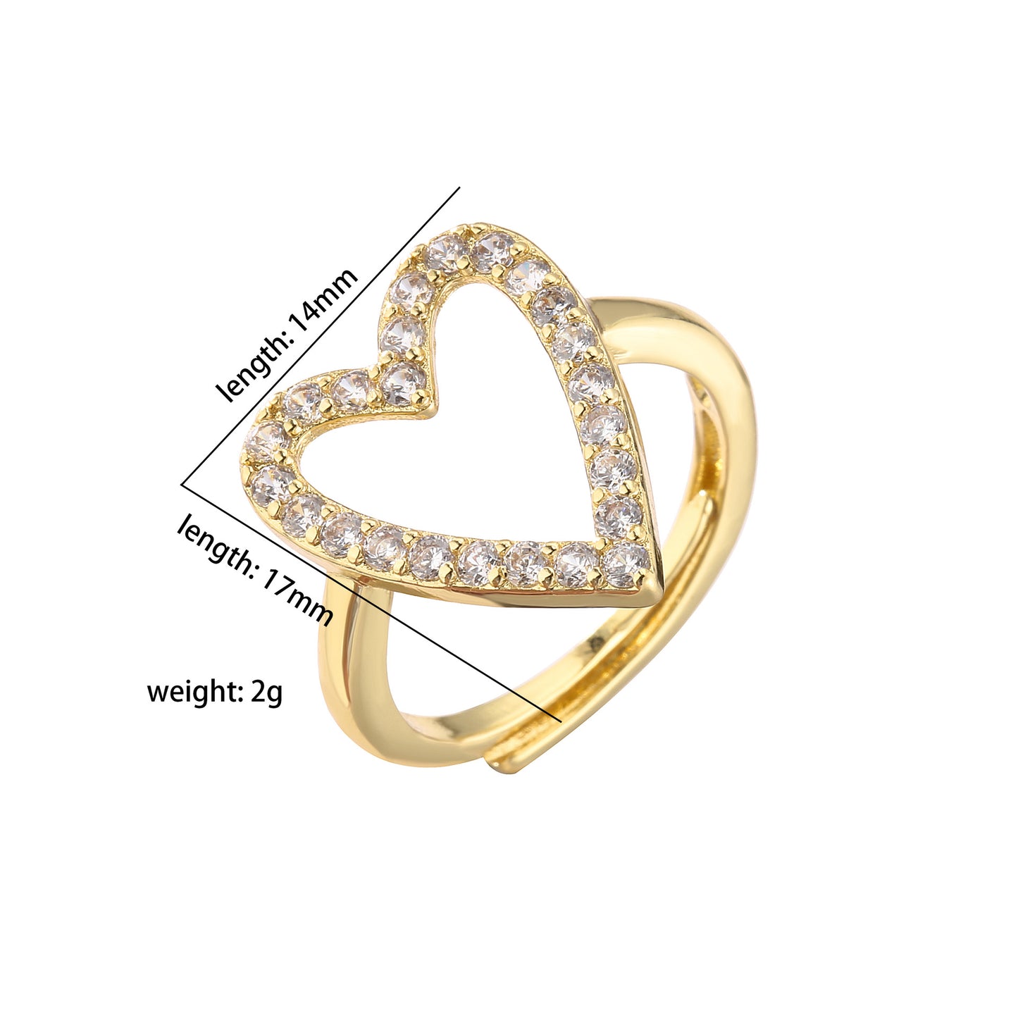 sweet heart shape copper plating inlay zircon open ring 1 piece